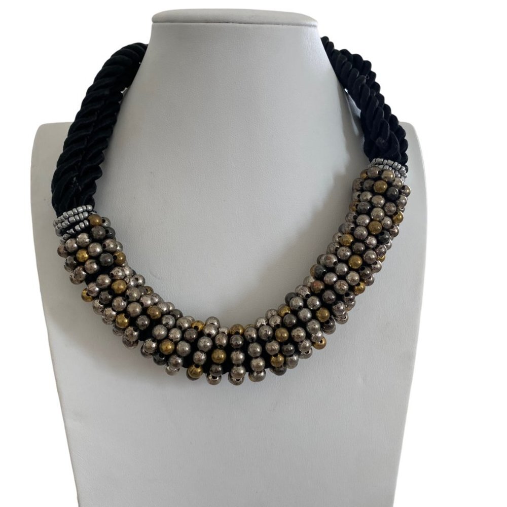 YOU & I satin Rope collar black necklace faux pearls chunky - Picture 3 of 7